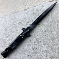 FPSTACTICAL Entricity Italian Style Stiletto Switchblade Black with Black Marble Pearlex Scales 4"
