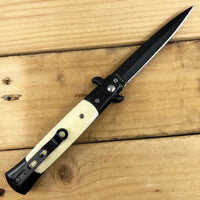 FPSTACTICAL Alabas Italian Style Stiletto Switchblade Black w White Ivory Pearlex Scales 4"
