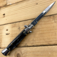 FPSTACTICAL Ornate Italian Style Stiletto Switchblade Mirror Chrome w Black Marble / Pearlex Scales 4"
