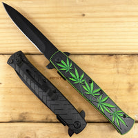 Pacific Solutions Black & Green Spring Textured Marijuana Leaf Assisted Stiletto Knife 4"
