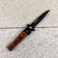 Falcon Compact Satin Black on Brown Pakkawood Spring Assisted Stiletto Knife 3"
