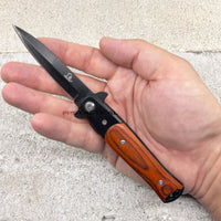 Falcon Compact Satin Black on Brown Pakkawood Spring Assisted Stiletto Knife 3"
