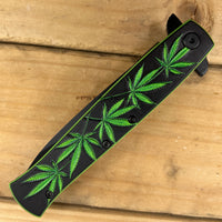 Pacific Solutions Black & Green Spring Textured Marijuana Leaf Assisted Stiletto Knife 4"
