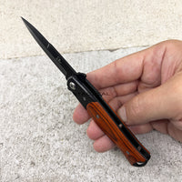 Falcon Compact Satin Black on Brown Pakkawood Spring Assisted Stiletto Knife 3"
