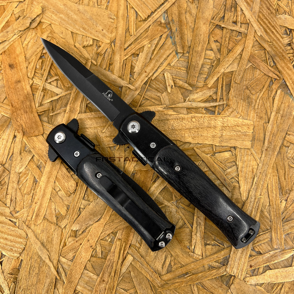 Falcon Compact Satin Black on Black Ash Pakkawood Spring Assisted Stiletto Knife 3