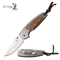 Elk Ridge Brushed Silver Manual Folding Pocket Knife w Wooden Overlay 3.5" ER-933BW
