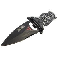 Tac Force Black and Silver Embossed Dragon Spring Assisted Fantasy Stiletto Knife 3.5"