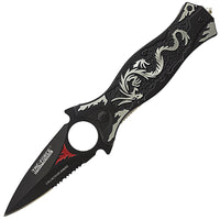 Tac Force Black and Silver Embossed Dragon Spring Assisted Fantasy Stiletto Knife 3.5"
