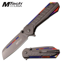 MTech USA Gray Tinite Coated Cleaver Spring Assisted Stainless Steel Pocket Knife w Rainbow Accents 3.5" MT-A1078GY