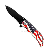 Pacific Solutions Compact Drop Point USA Flag Spring Assisted Knife Black 3" Serrated