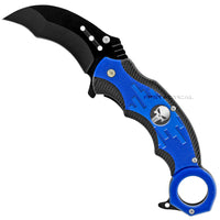 Pacific Solutions KS1682BL Police Punisher Skull Spring Assist Karambit Knife Black Blue Textured Polymer G10 Scales 2.75"
