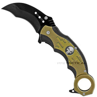 Pacific Solutions Army Punisher Skull Spring Assist Karambit Knife Black Olive Drab Green Textured Polymer G10 Scales 2.75"
