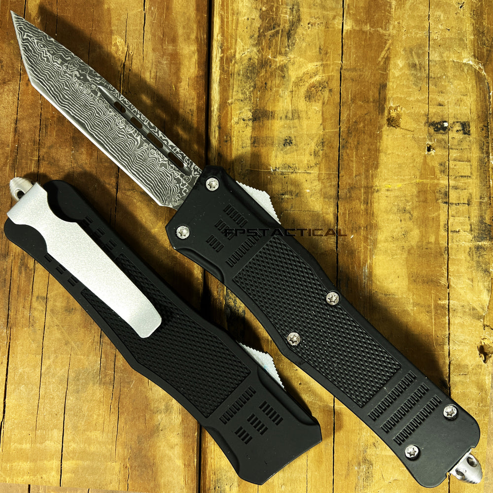 FPSTACTICAL Gild Tanto OTF Knife Black & Silver w Damascus Blade and Rubberized Handle 3.5