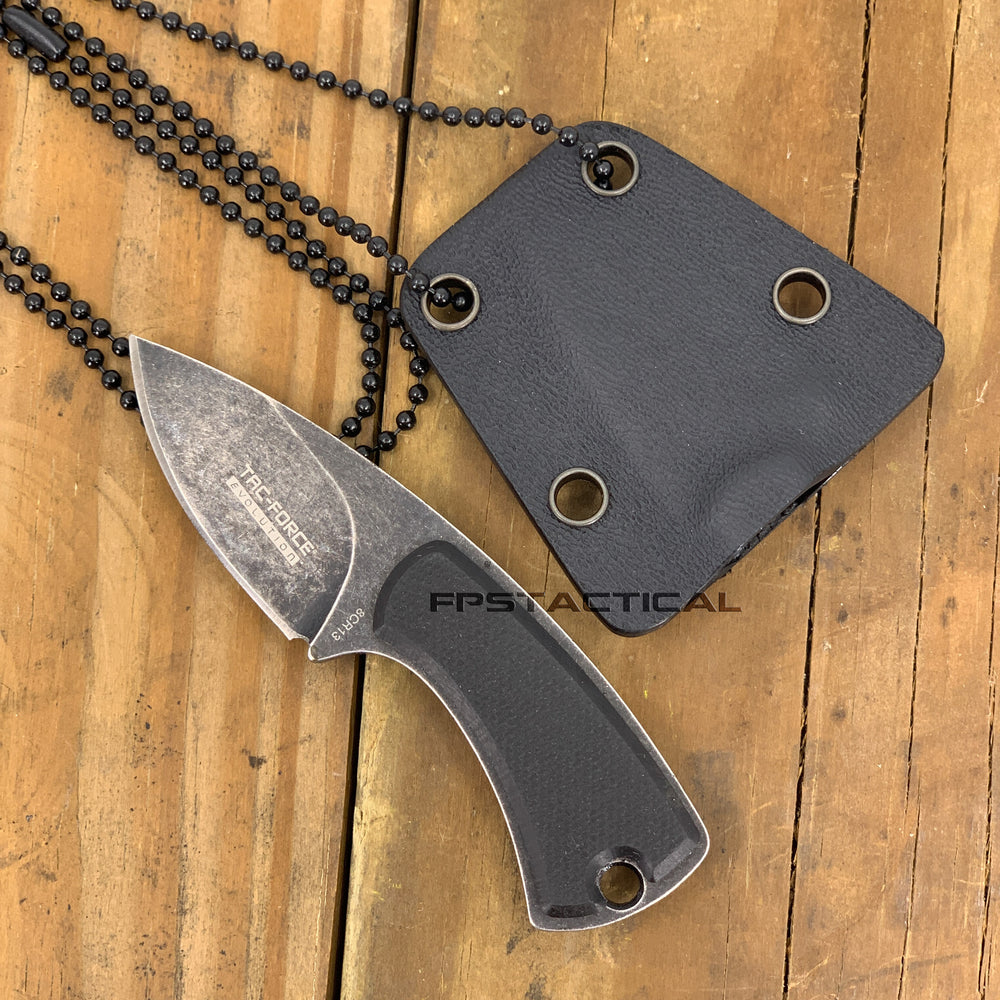 Tac-Force Evolution Black / Gray Stonewash Miniature Full Tang Fixed Blade Knife w Necklace Sheath 1.75