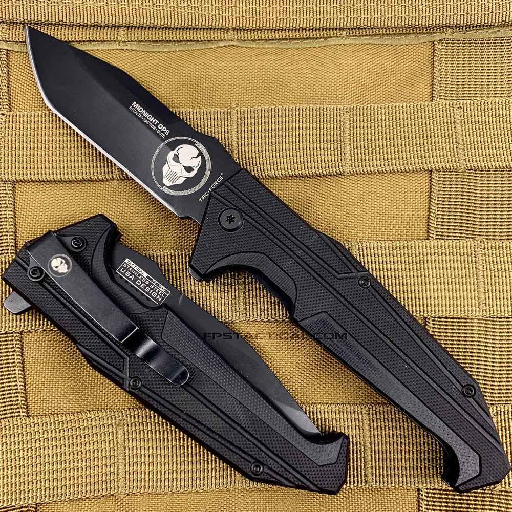 Tac-Force Midnight Ops Black Spring Assisted Skull Knife with G10 Scales / Black 3.75