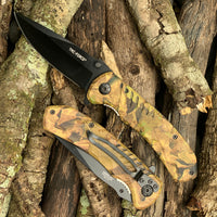 Tac-Force Spring Assisted Hunter Knife Black w Forest Camouflage and Grooved / Contour Grip 3.5"