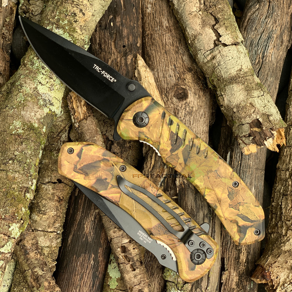Tac-Force Spring Assisted Hunter Knife Black w Forest Camouflage and Grooved / Contour Grip 3.5
