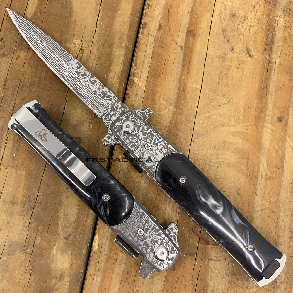 Falcon Damascus Silver and Black Marble (Pearlex) Spring Assisted Stiletto Knife 3.75