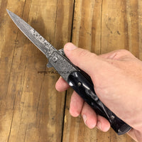 Falcon Damascus Silver and Black Marble (Pearlex) Spring Assisted Stiletto Knife 3.75"