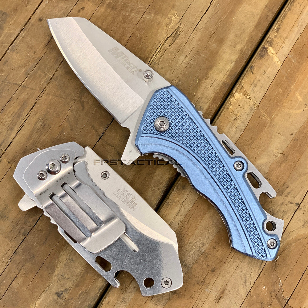 Mtech USA Miniature Spring Assisted Tactical Knife w Bottle Opener Silver & Blue 2.25