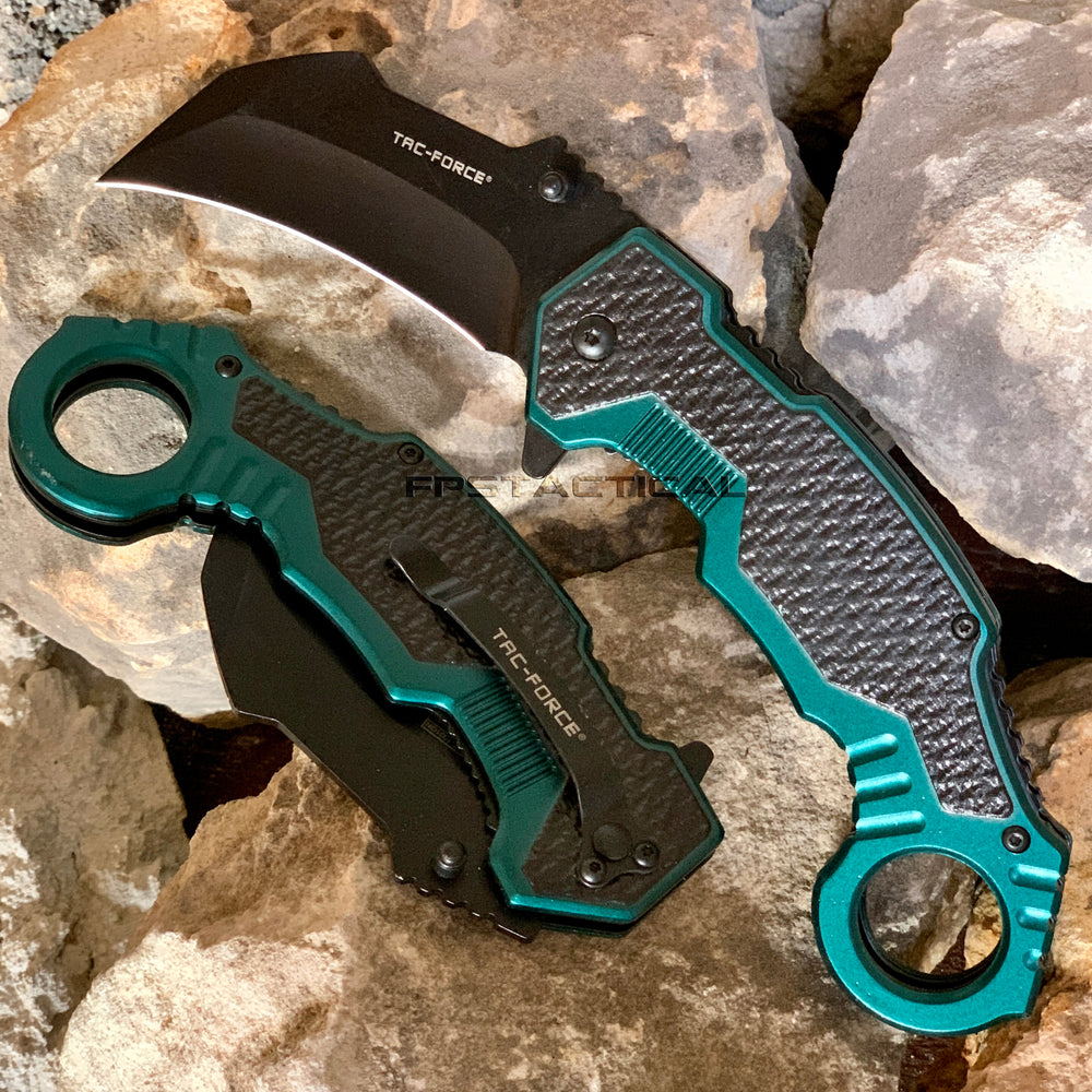 Tac-Force Teal Green & Black Karambit Spring Assisted Tactical Knife w Glass Breaker & Rubberized Grip 3