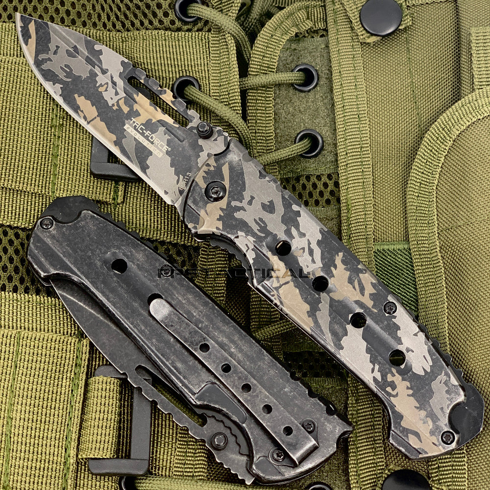 Tac-Force Evolution Heavy Duty Black / Grey / Tan Stonewashed Forest Camouflage Spring Assisted Tactical Knife 4