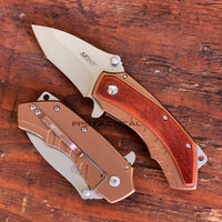 MTech USA Compact Spring Assisted Pocket Knife Silver with Copper Scales / Wooden Inlay 2.75"

