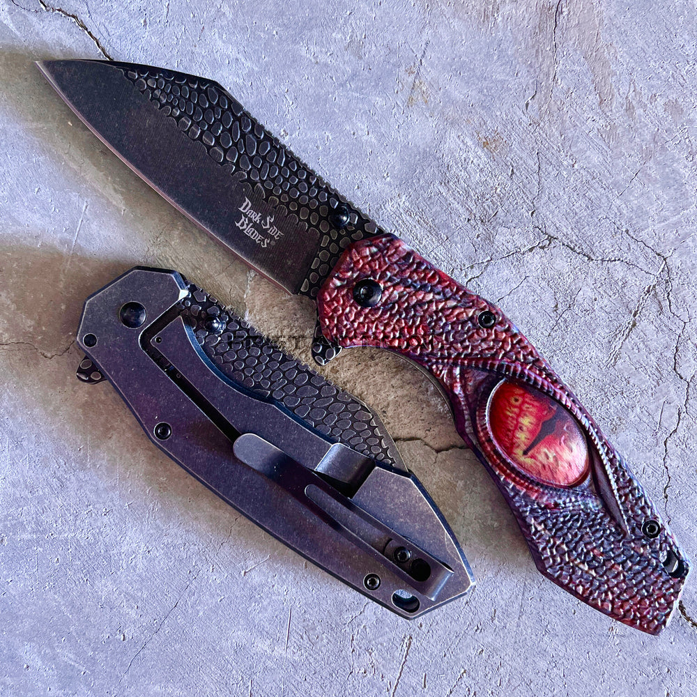 Dark Side Matte Gray & Red Dragons Eye Spring Assisted Fantasy Pocket Knife w Dragon Scale Molding 3.5