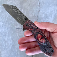 Dark Side Matte Gray & Red Dragons Eye Spring Assisted Fantasy Pocket Knife w Dragon Scale Molding 3.5"
