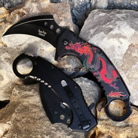 Dark Side Matte Black Embossed Dragon Spring Assisted Karambit Fantasy Knife 3"