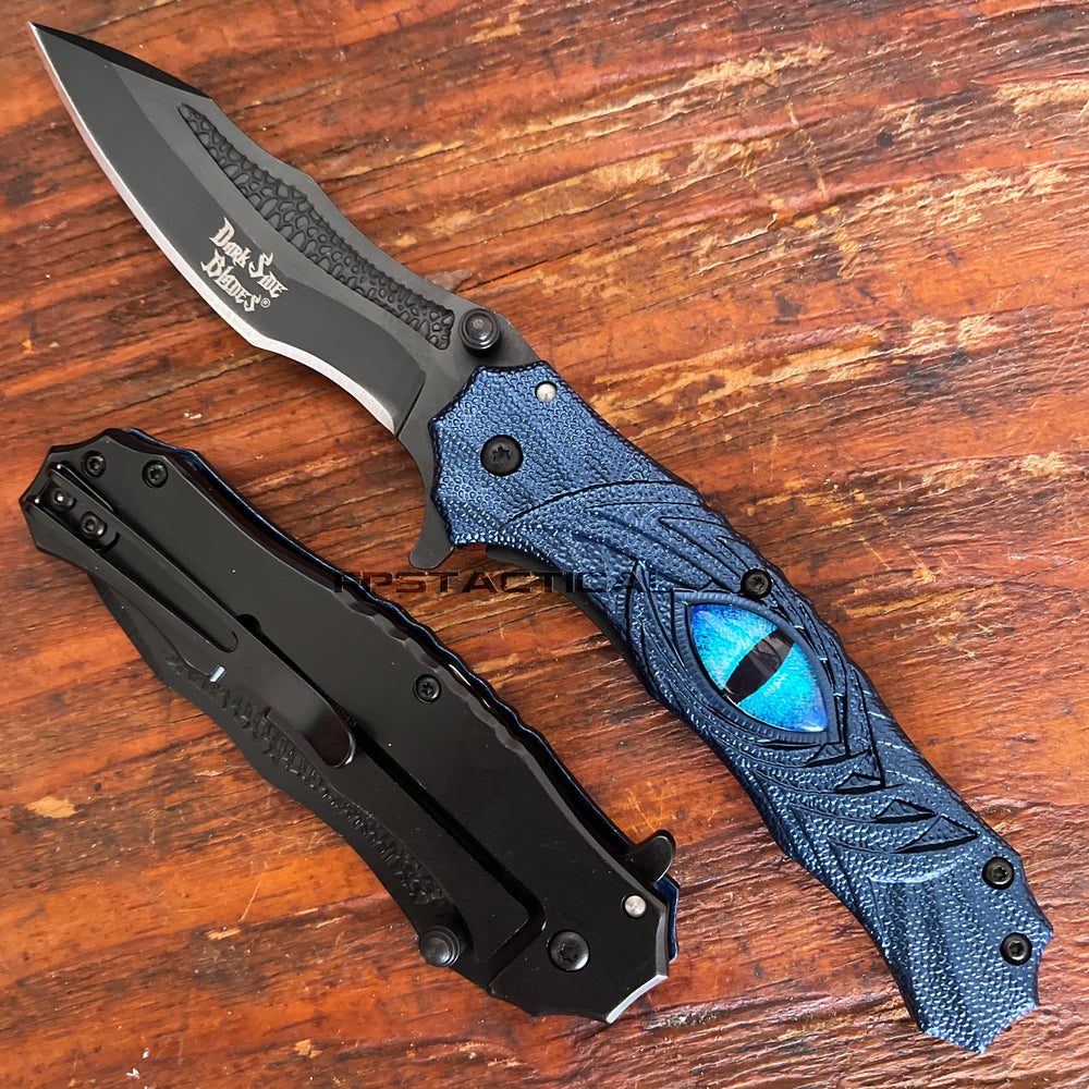 Dark Side Blue and Black Dragons Eye Spring Assisted Fantasy Pocket Knife 3.5