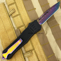 FPSTACTICAL Chimera OTF Knife Black & Iridescent (Rainbow) w Damascus Blade and Rubberized Handle 3.5"
