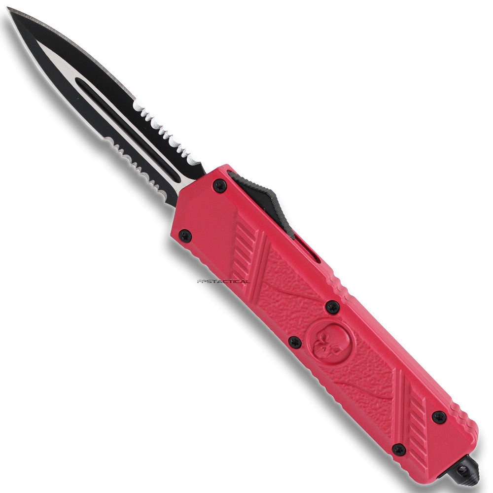 FPSTACTICAL Crimson Skull Black and Red Double Serrated OTF Knife 3.5