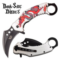 Dark Side Matte Black & Silver Embossed Dragon Spring Assisted Karambit Fantasy Knife 3" DS-A076SRD