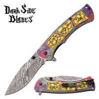 Dark Side Damascus Etched Grey / Gold Multi Color Skulls Spring Assisted Fantasy Pocket Knife 3.5"
