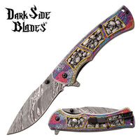 Dark Side Damascus Etched Grey / Silver Multi Color Skulls Spring Assisted Fantasy Pocket Knife 3.5"
