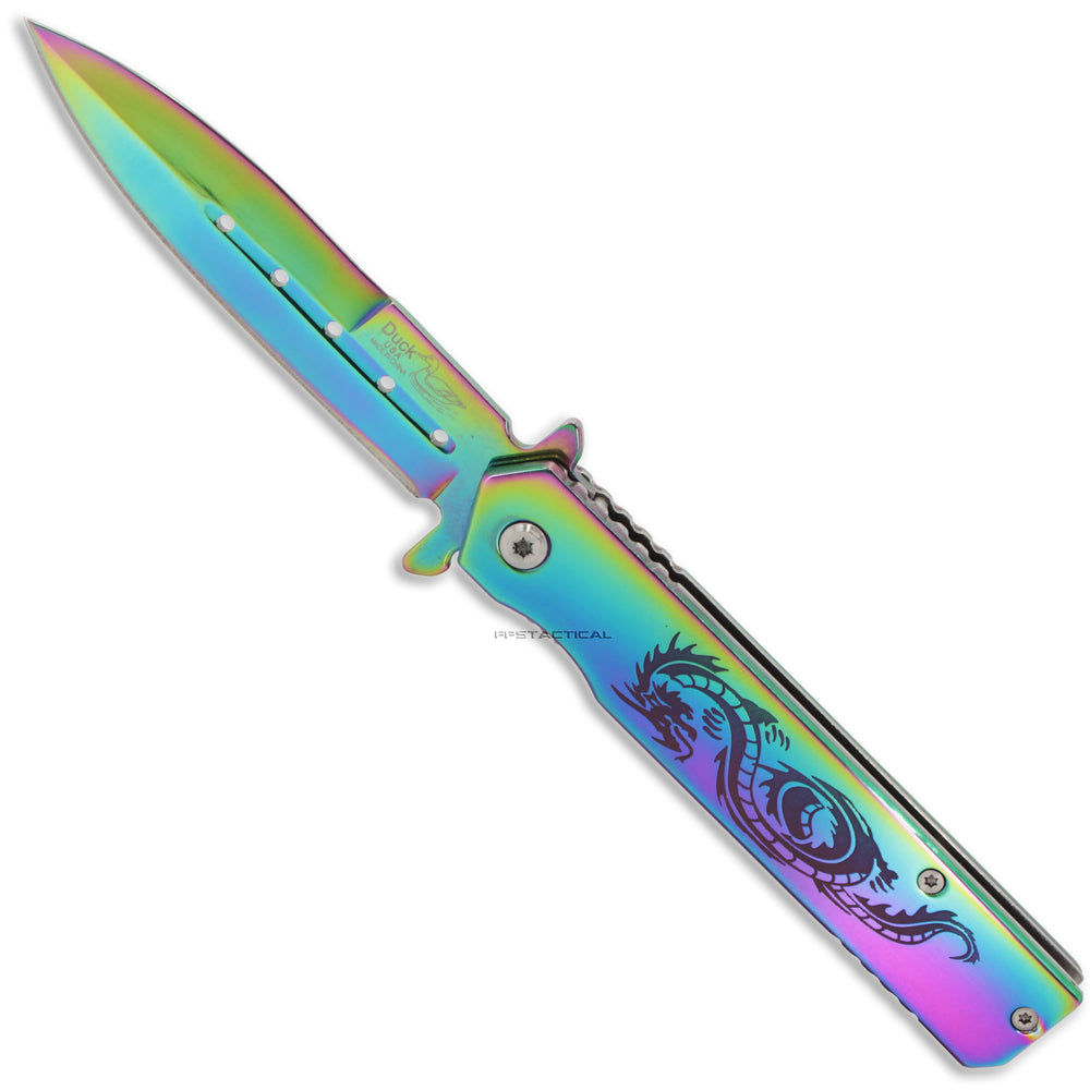 Duck Rainbow Iridescent Dragon Spring Assisted Stiletto Knife 3.75