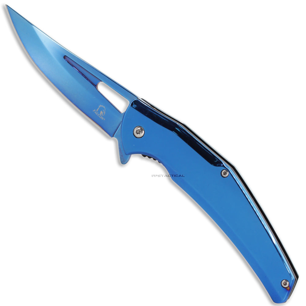 Falcon KS4525BL Trailing Point Blue Chrome Mirror Finish Spring Assisted Fishing & Hunting Knife 4