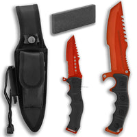 FPSTACTICAL 12" Fixed Blade Survival Knife Kit with Spring Assisted Knife, Sharpening Stone, Flint Firestarter, and Case (Red))