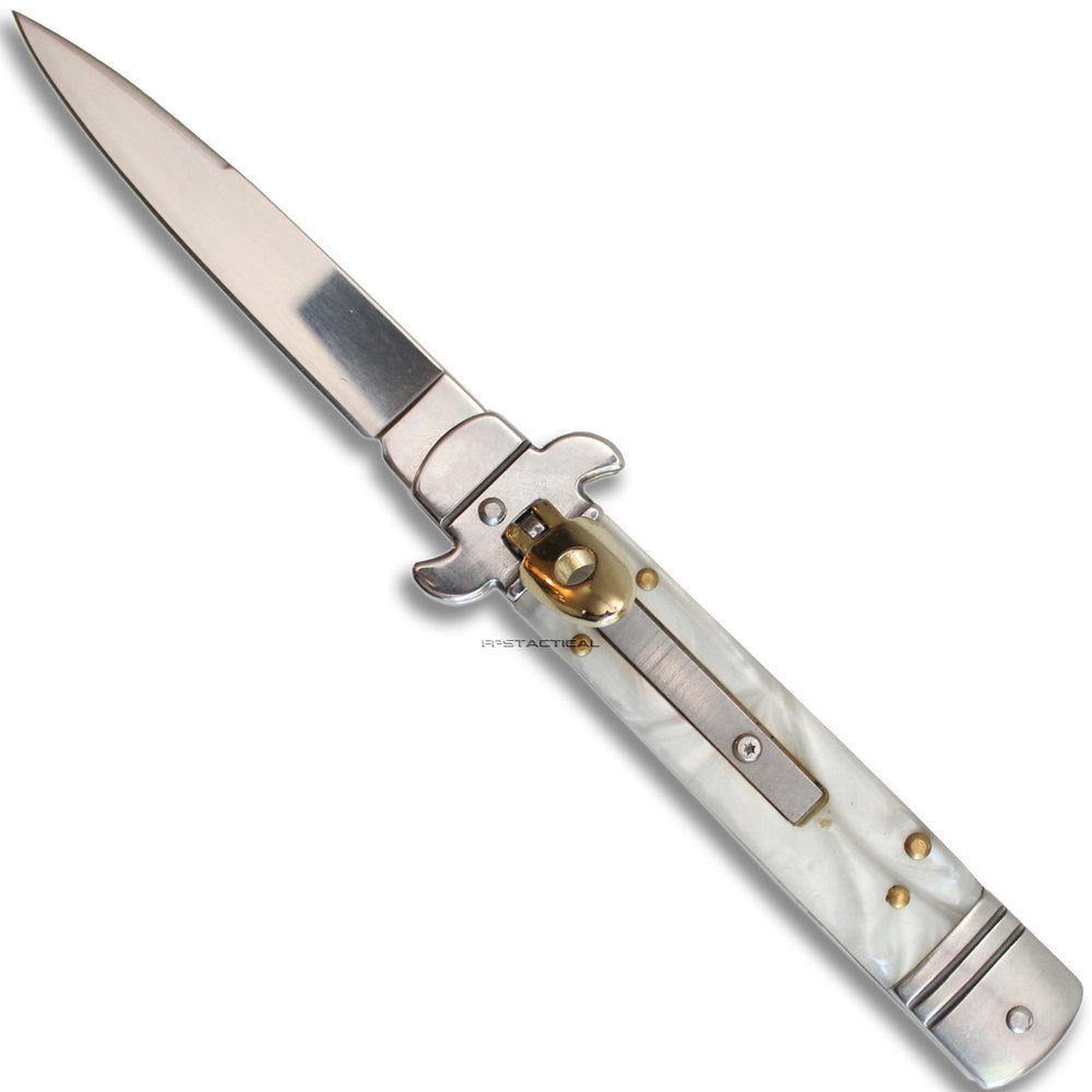 FPSTACTICAL Ashem Silver Mirror Finish Chrome White Marble Switchblade Knife 3.4