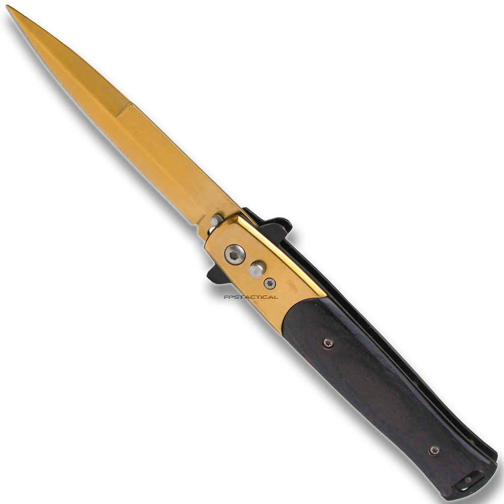 FPSTACTICAL Halcyon Italian Style Stiletto Switchblade Gold with Black PakkaWood Inlays 4