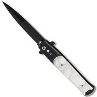 FPSTACTICAL Agate Italian Style Stiletto Switchblade Black with White Pearlex / Marble Inlays 4"