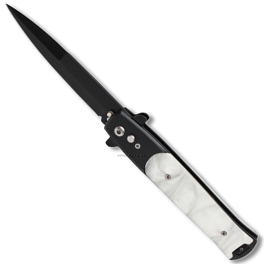 FPSTACTICAL Agate Italian Style Stiletto Switchblade Black with White Pearlex / Marble Inlays 4