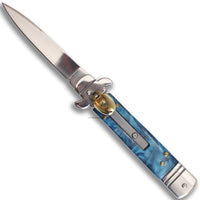 FPSTACTICAL Cerulean Silver Mirror Finish Chrome and Blue Marble Switchblade Knife 3.4"