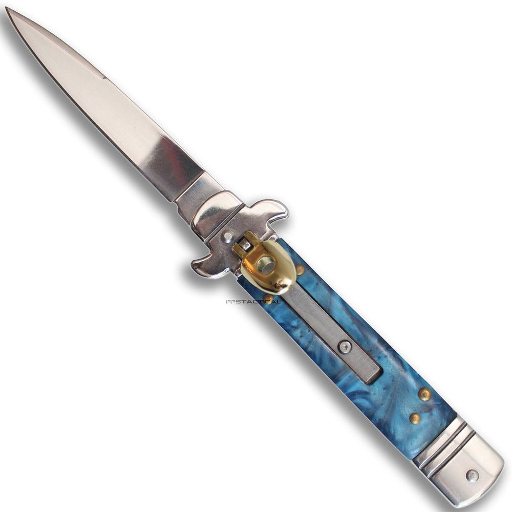 FPSTACTICAL Cerulean Silver Mirror Finish Chrome and Blue Marble Switchblade Knife 3.4