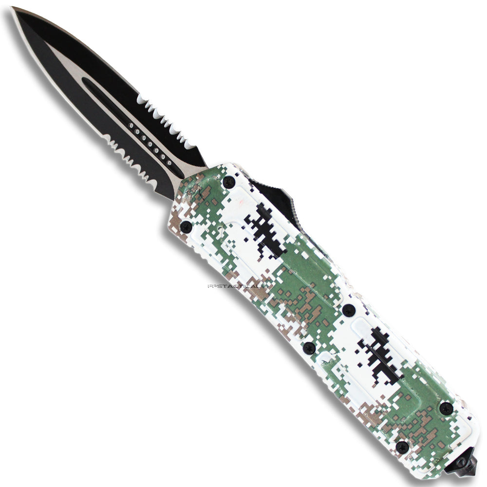 FPSTACTICAL Fichero Digital Camouflage White, Olive Green, and Black Dual Edge Serrated OTF Knife 3.5