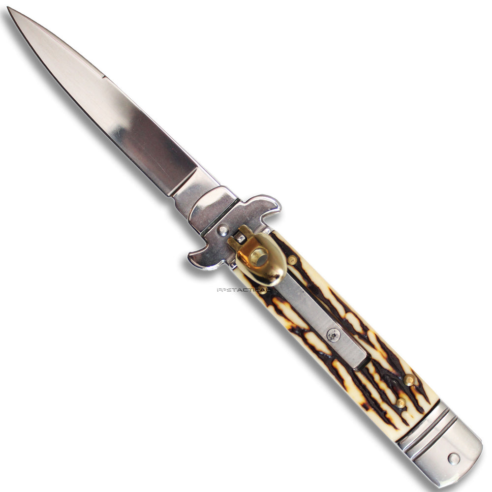 FPSTACTICAL Ossein Silver Mirror Finish Chrome and Faux Bone Switchblade Knife 3.4