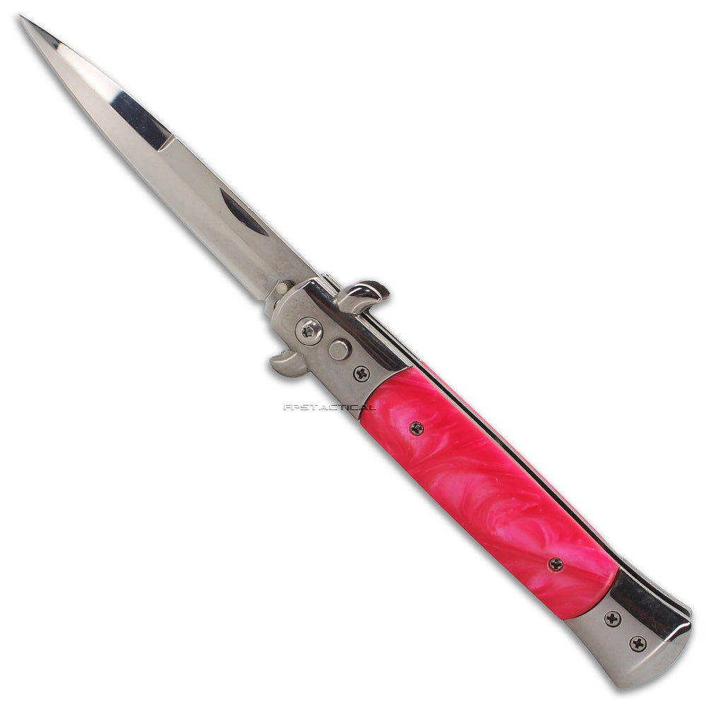 Falcon Silver and Pink Pearlex Spring Assisted Stiletto Knife 3.75
