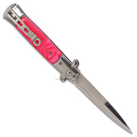 FPSTACTICAL Pink Italian Style Stiletto Switchblade Mirror Polish / Chrome & Pink Pearlex Inlays 4"
