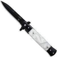 Falcon Matte Black Spring Assisted Stiletto Knife with White Pearlex / Marble Scales 3.75"
